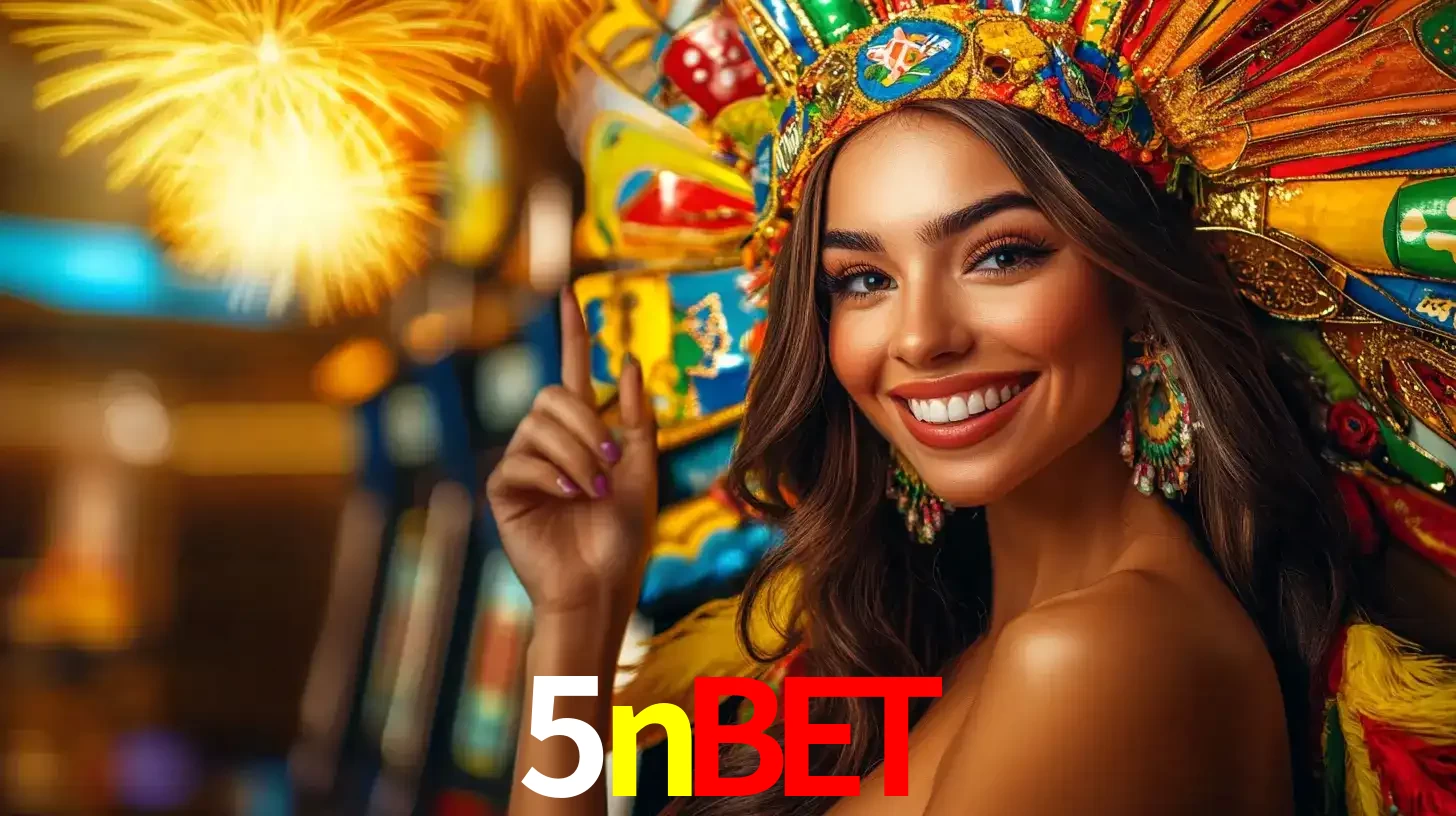 Mulher sorridente com um cocar de carnaval vibrante e colorido, celebrando uma grande vitória nos jogos do cassino 5nbet com fogos de artifício ao fundo.