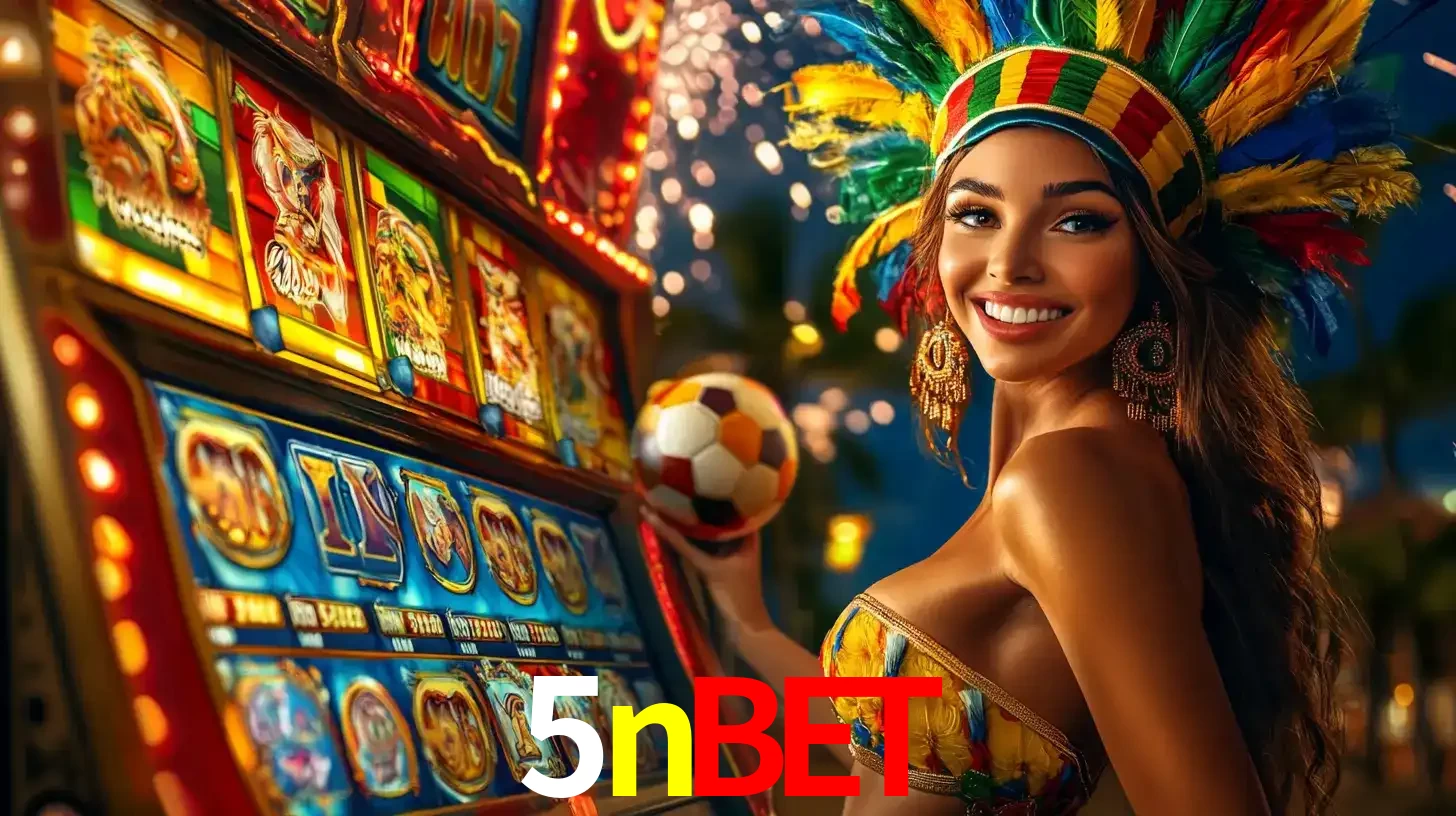 Mulher com um cocar de carnaval ao lado de uma máquina de caça-níqueis enquanto segura uma bola de futebol, mostrando a união da diversão de cassino e esportes no 5nbet.