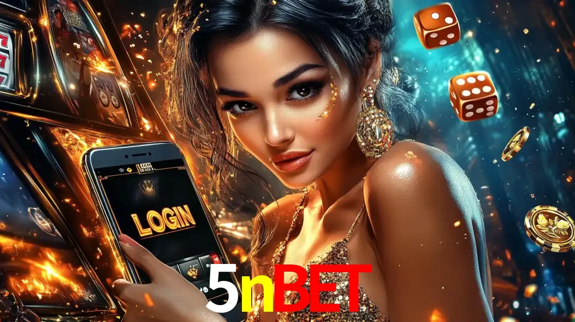 Mulher glamourosa segurando um celular com a tela de login do cassino 5nbet, rodeada por dados e moedas douradas, pronta para começar a diversão.