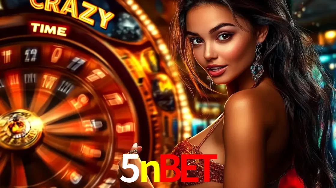 Mulher ao lado da roda de prêmios do jogo de cassino ao vivo Crazy Time, um dos shows de jogos mais emocionantes oferecidos pela plataforma de apostas 5nbet.