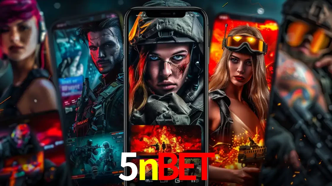 Montagem de telas de celular mostrando diversos personagens, masculinos e femininos, de um jogo de tiro, ilustrando a diversidade de equipes de e-sports para apostar no 5nbet.
