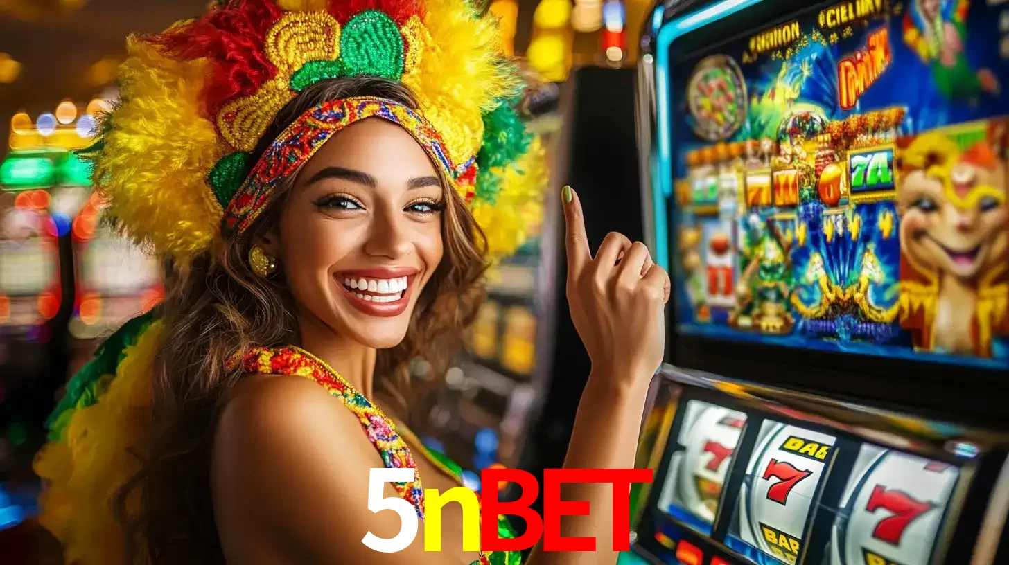 Mulher animada com um cocar de carnaval apontando para uma máquina de caça-níqueis, mostrando a emoção de ganhar um grande prêmio nos jogos do 5nbet.