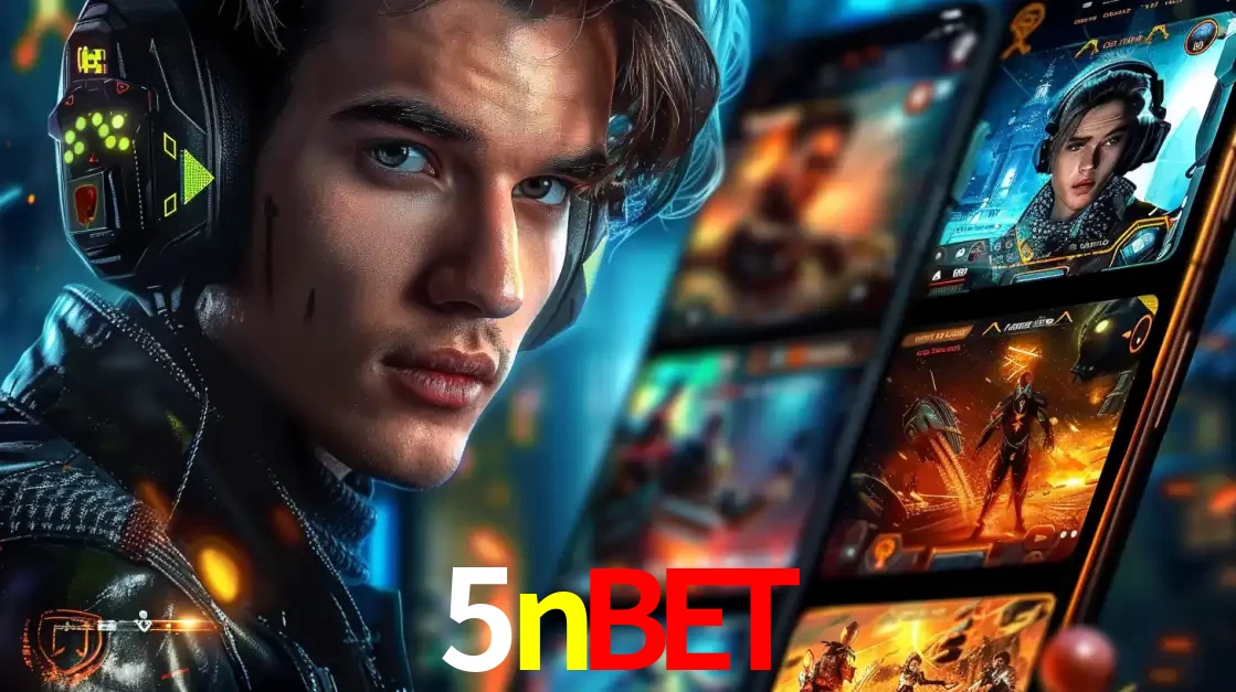 Jovem jogador com fones de ouvido olhando para a câmera, com um aplicativo de jogos e e-sports para celular ao fundo, pronto para a competição e apostas no 5nbet.
