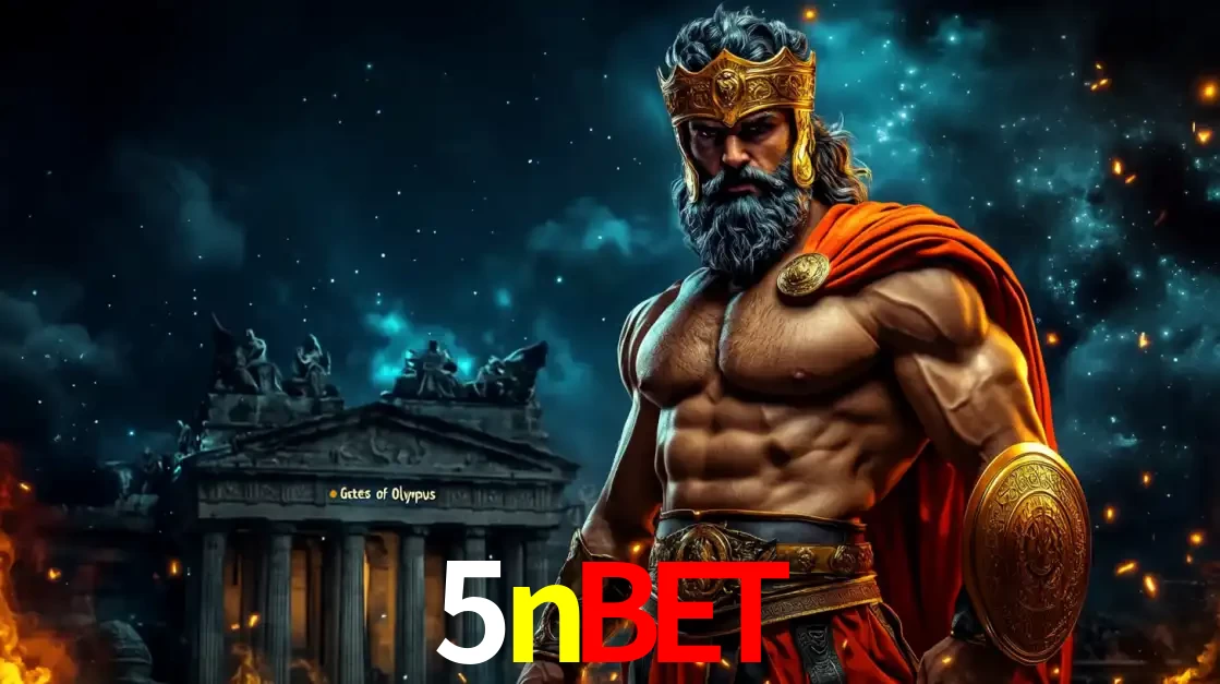 O poderoso Zeus do jogo de slot Gates of Olympus em frente ao seu templo, pronto para lançar multiplicadores divinos e prêmios épicos no cassino online 5nbet.