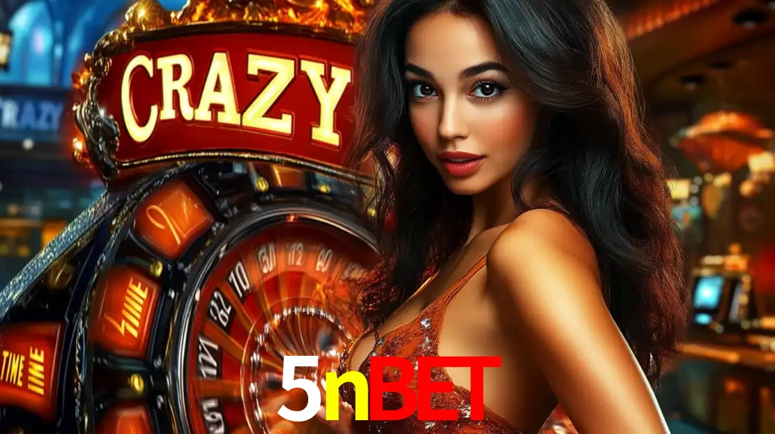 Mulher glamourosa olhando para a câmera com a roda vermelha do Crazy Time ao fundo em um ambiente de cassino, destacando a emoção dos jogos ao vivo no 5nbet.