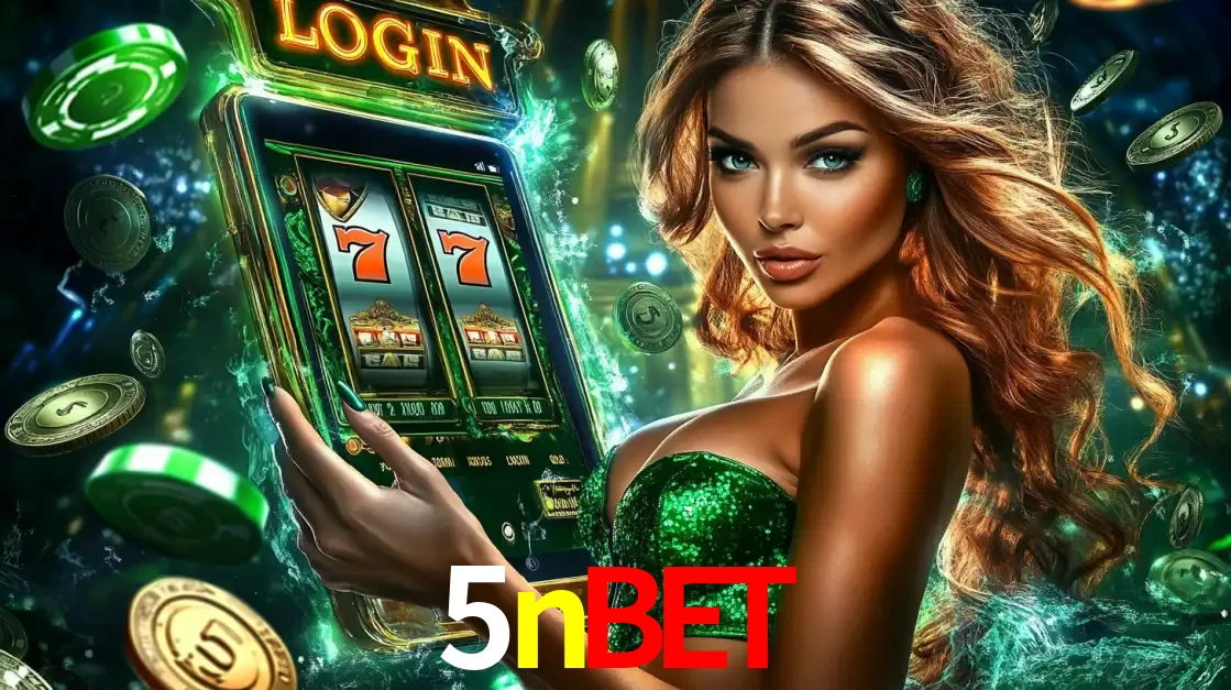 Mulher com tema verde apresentando o aplicativo do cassino 5nbet com um jogo de slot de 777, cercada por fichas de cassino e uma aura de sorte.