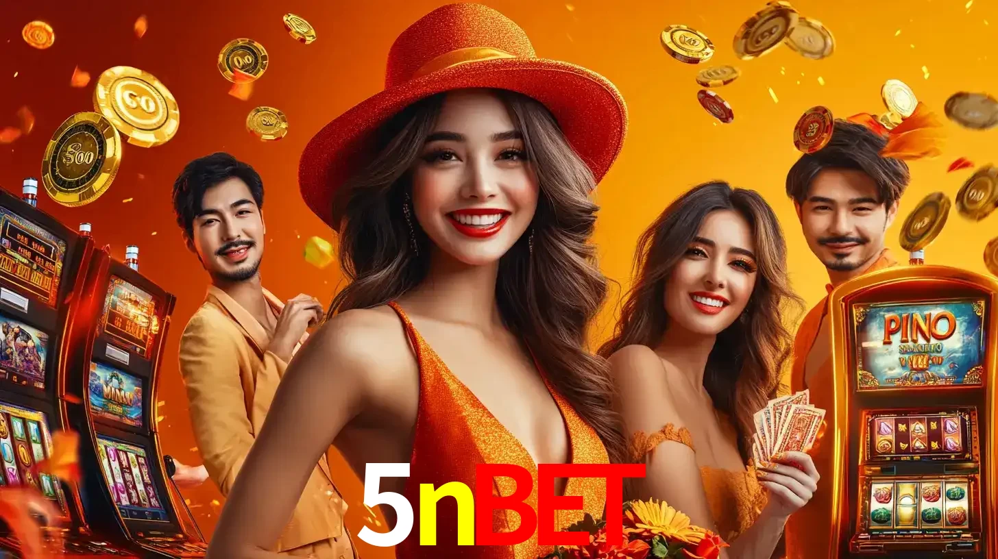 Grupo de amigos asiáticos sorrindo e se divertindo com máquinas de caça-níqueis em um ambiente festivo, celebrando suas vitórias nos jogos de cassino do 5nbet.