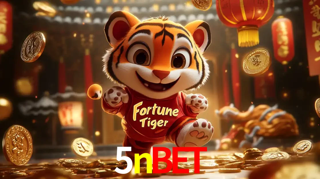 O alegre personagem do Fortune Tiger correndo sobre um caminho de moedas de ouro, simbolizando os grandes prêmios e a diversão do popular jogo de slot do 5nbet.