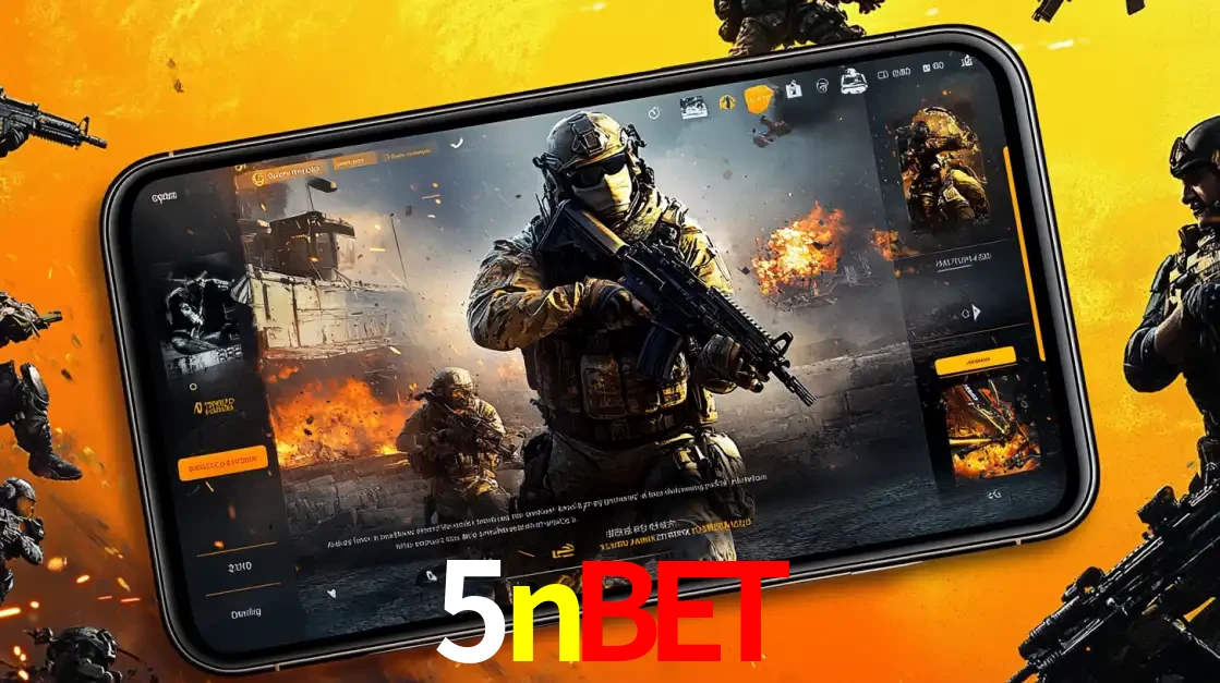 Um smartphone exibindo a interface de um jogo de tiro em primeira pessoa, com um soldado em um cenário de batalha, representando a ação dos e-sports para apostar no 5nbet.