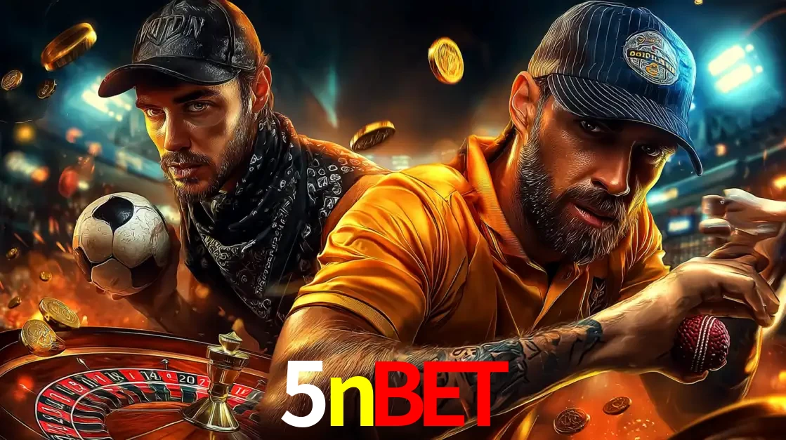Montagem de apostas esportivas e cassino no 5nbet, com um homem segurando uma bola de futebol e outro uma de beisebol sobre uma roleta e moedas voadoras.