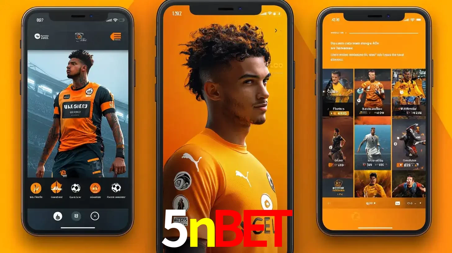 Interface do aplicativo de apostas esportivas 5nbet em três telas de celular, mostrando o perfil de um jogador de futebol e a lista de jogos disponíveis para apostar.