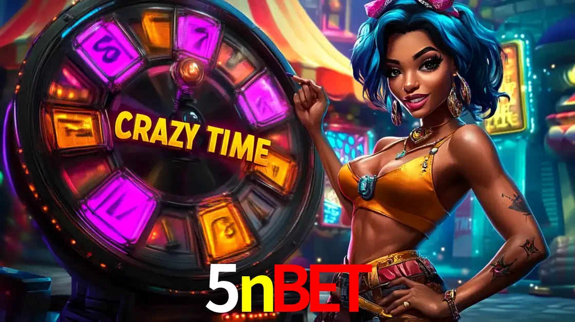 Mulher estilizada com cabelo azul e visual vibrante posando ao lado da roda de prêmios do game show Crazy Time, convidando para a diversão e os bônus do cassino 5nbet.