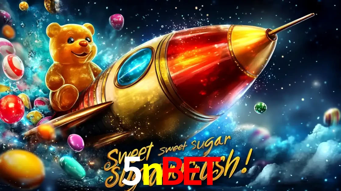 Arte promocional do jogo de slot Sugar Rush, com um urso de pelúcia em um foguete viajando pelo espaço de doces, um dos jogos divertidos disponíveis no cassino 5nbet.