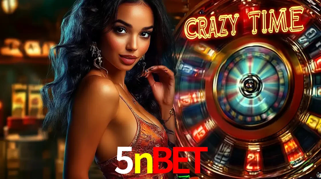 Mulher elegante ao lado da vibrante roda da fortuna do jogo de cassino ao vivo Crazy Time, um dos game shows mais populares e cheios de prêmios do 5nbet.