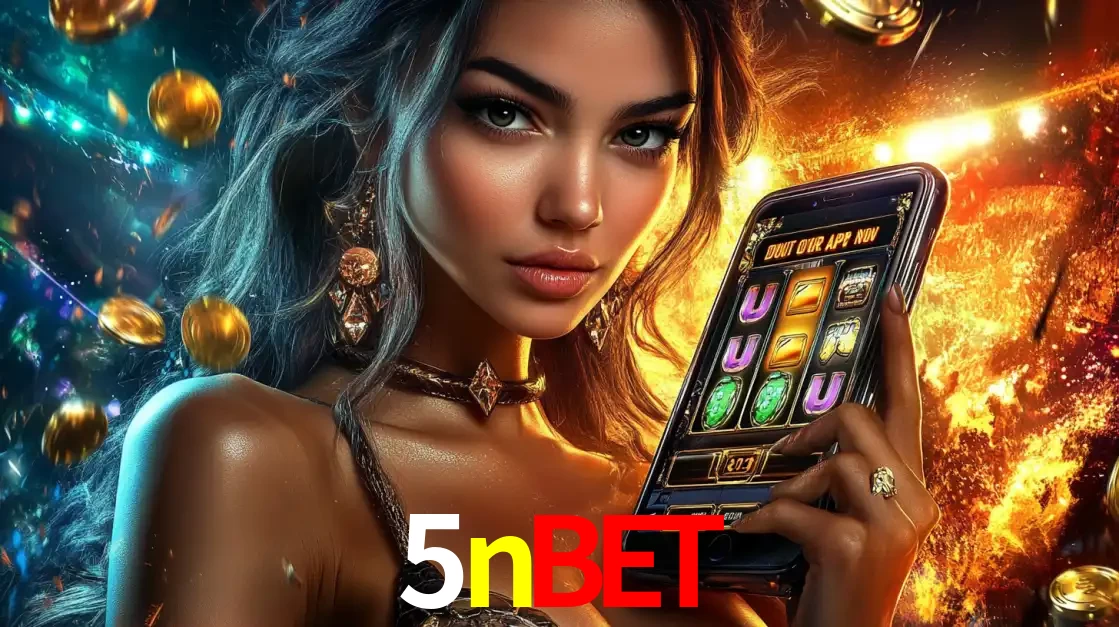 Mulher elegante mostrando um jogo de caça-níqueis em seu smartphone, destacando a experiência de cassino móvel oferecida pelo aplicativo 5nbet.