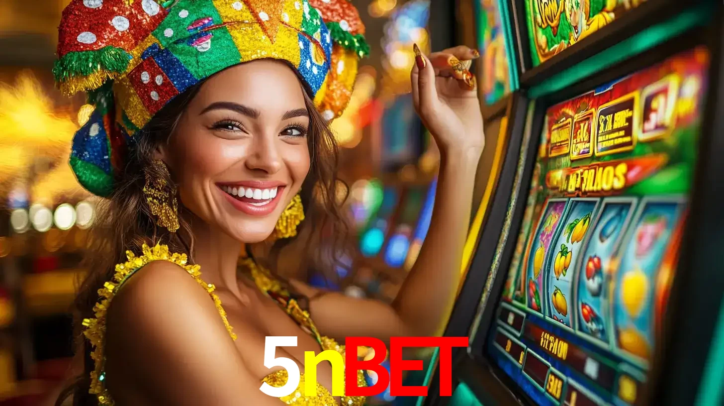 Mulher feliz com traje de carnaval amarelo e colorido ao lado de uma máquina de caça-níqueis, aproveitando a diversão e os jogos temáticos do cassino 5nbet.