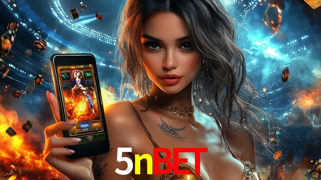 Mulher segurando um celular com um jogo de slot em destaque, tendo como fundo um estádio vibrante, simbolizando a emoção de jogar no cassino móvel 5nbet.