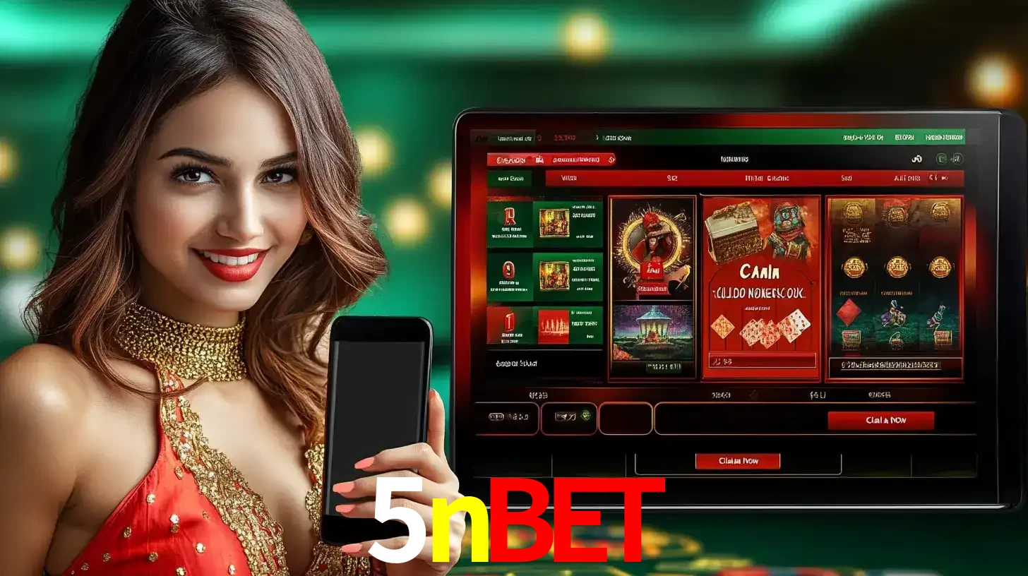 Mulher sorridente segurando um smartphone, ao lado de uma tela exibindo o lobby de jogos do cassino online 5nbet, com várias opções de jogos de cartas e slots.